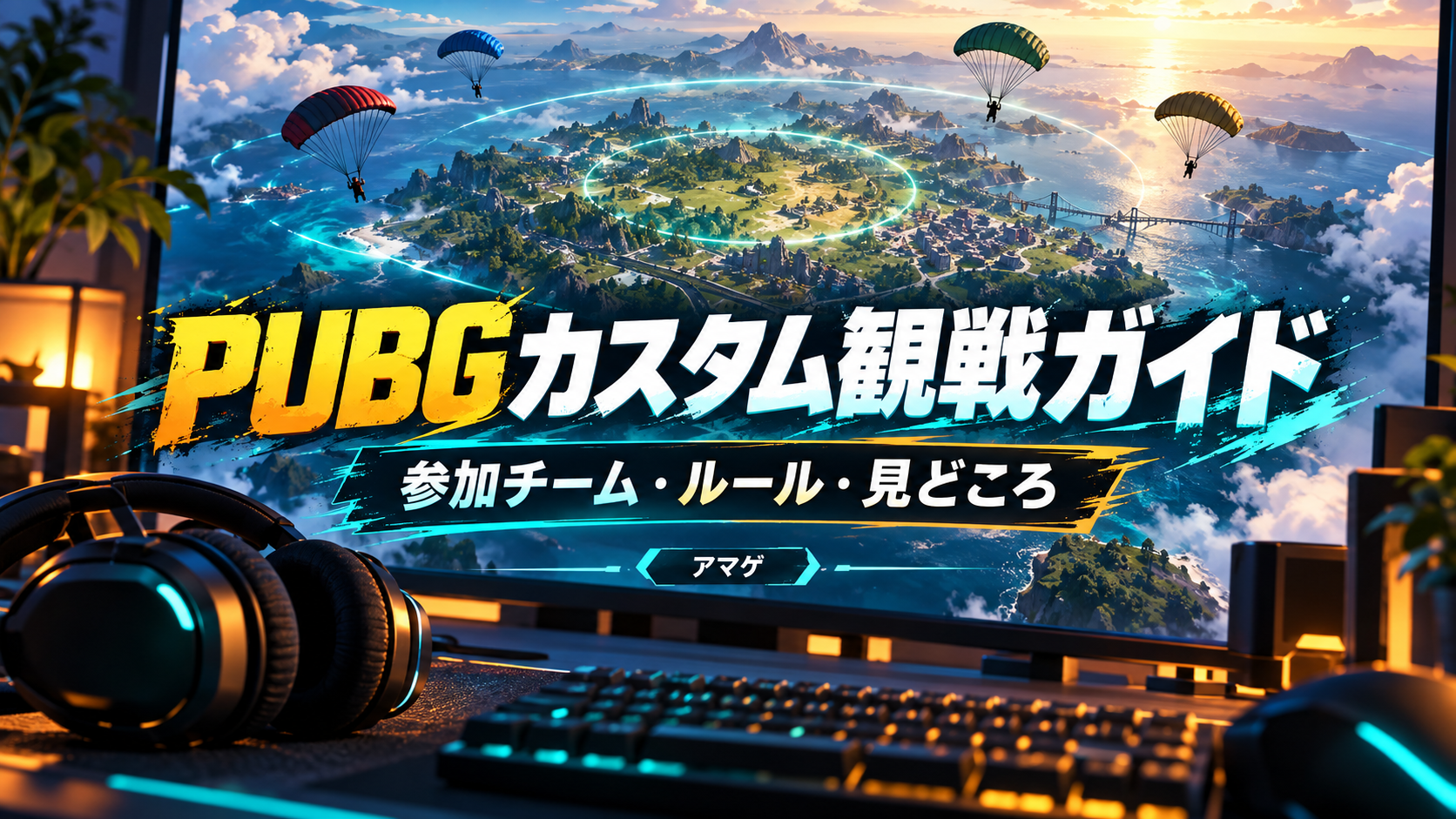 架空の島とパラシュート、ゲーム観戦用デスクを描いたPUBGカスタム観戦ガイドのオリジナルイラスト